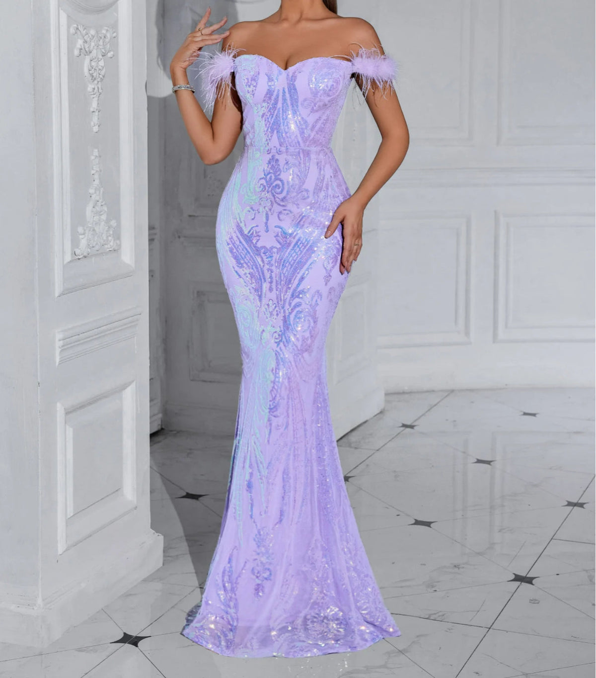 Sequin Off Shoulder Feather Trim Mermaid Gown