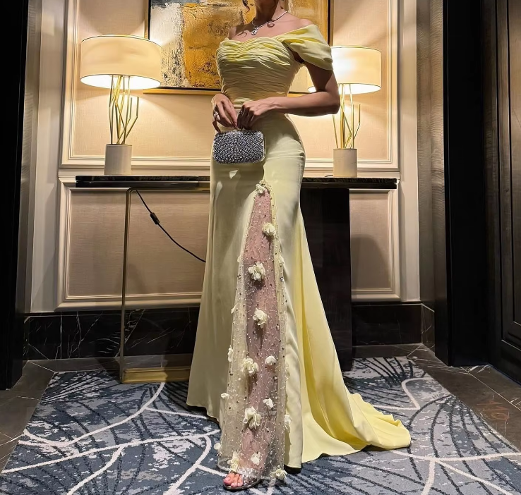 Elegant Prom Dresses Long Yellow Evening Dress Off Shoulder Formal Wedding Party Dress