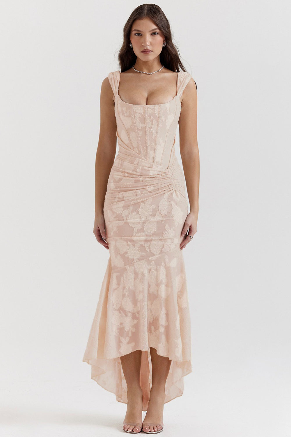 Square Neck Sleeveless Corset Ruched Fishtail Midi Dress - View 9