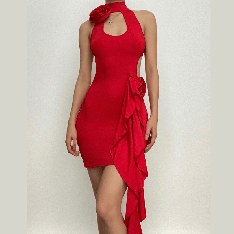 Halter Neck Cut Out 3D Rosette Ruffle Bodycon Mini Dress