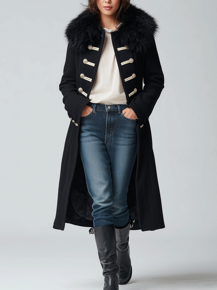 Vintage Black Double-Breasted Contrast Faux Fur Long Coat