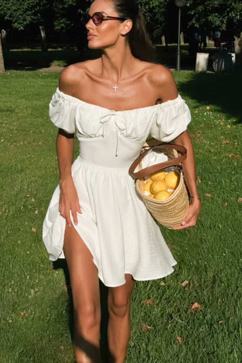 Off Shoulder Puff Sleeve Fit & Flare Mini Dress