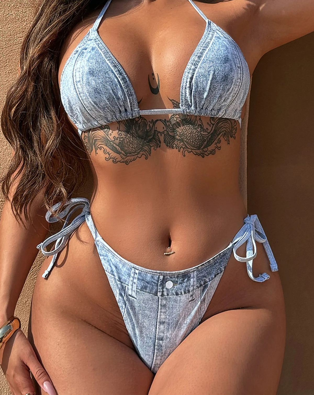 Denim Strappy Halter Bikini Set - Fashionpara