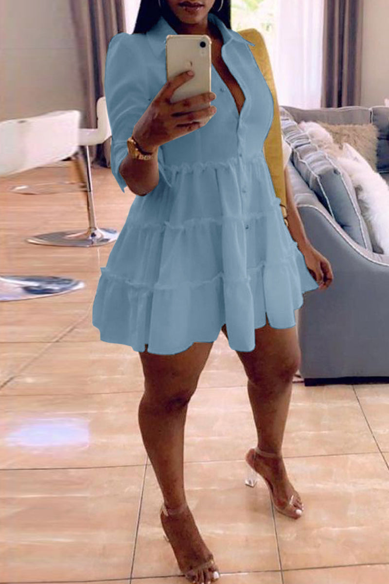 Fashion Casual Solid Turndown Collar Shirt Dress  Fashionpara