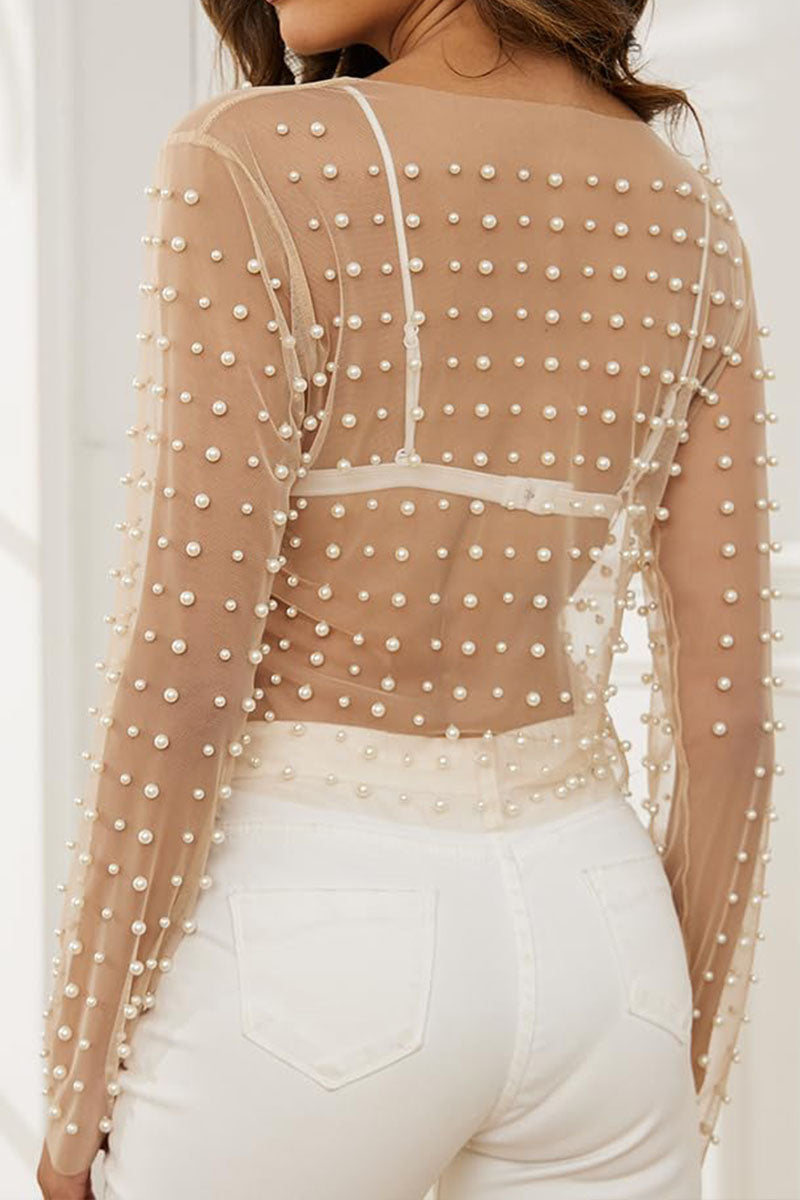 O-neck fashion sexy white transparent imitation diamond pearl khaki transparent sexy mesh women's long-sleeved shirt