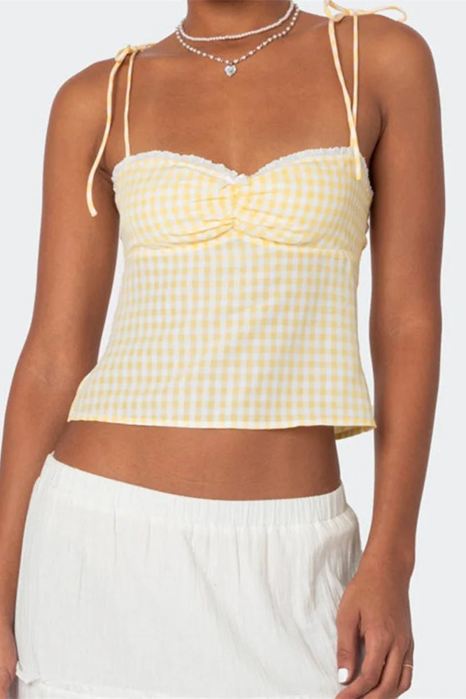 Plaid Tie-up Backless Ruched V-neck Crop Top