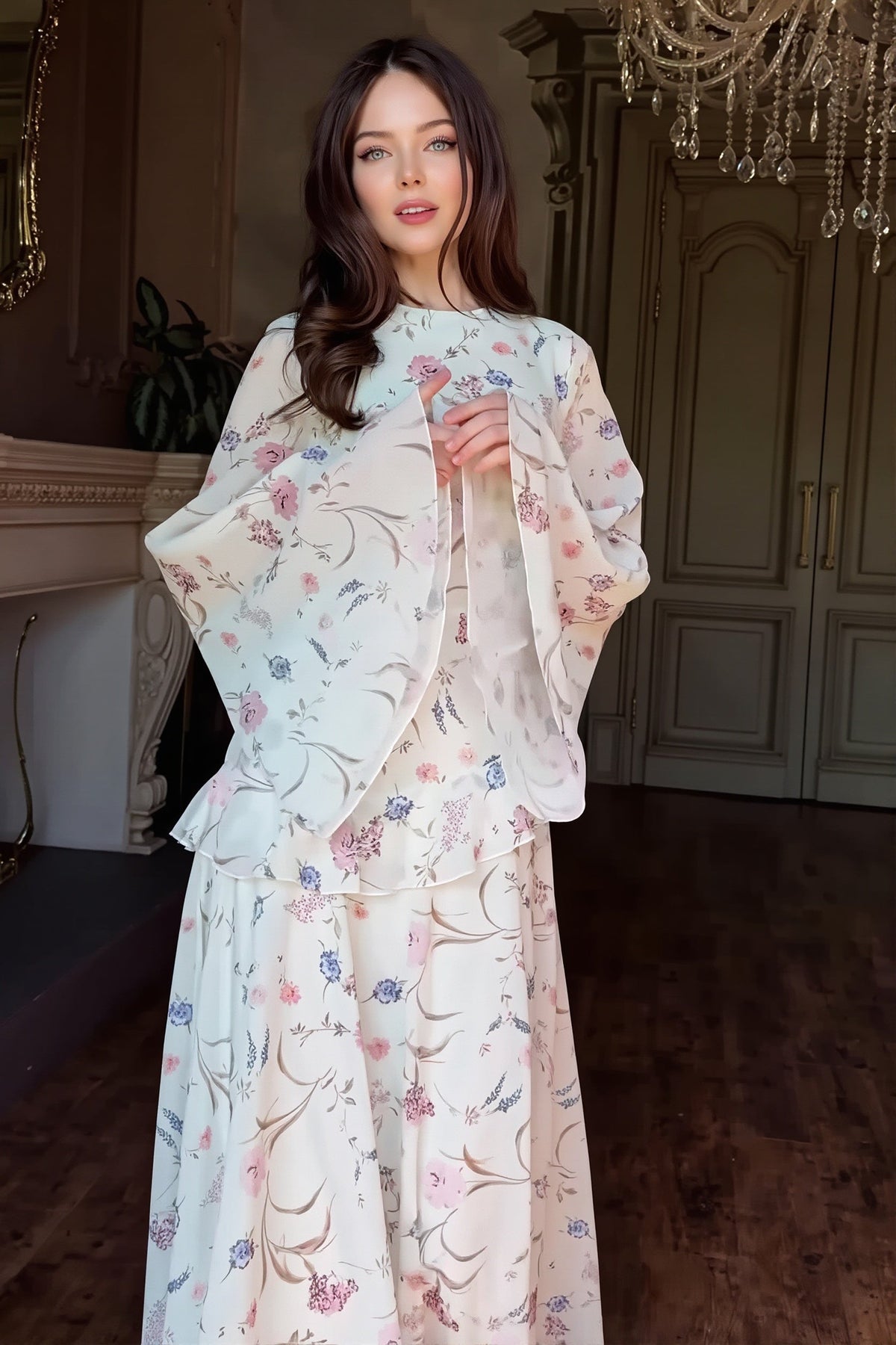 Floral High Neck Long Sleeve Tiered Maxi Gown