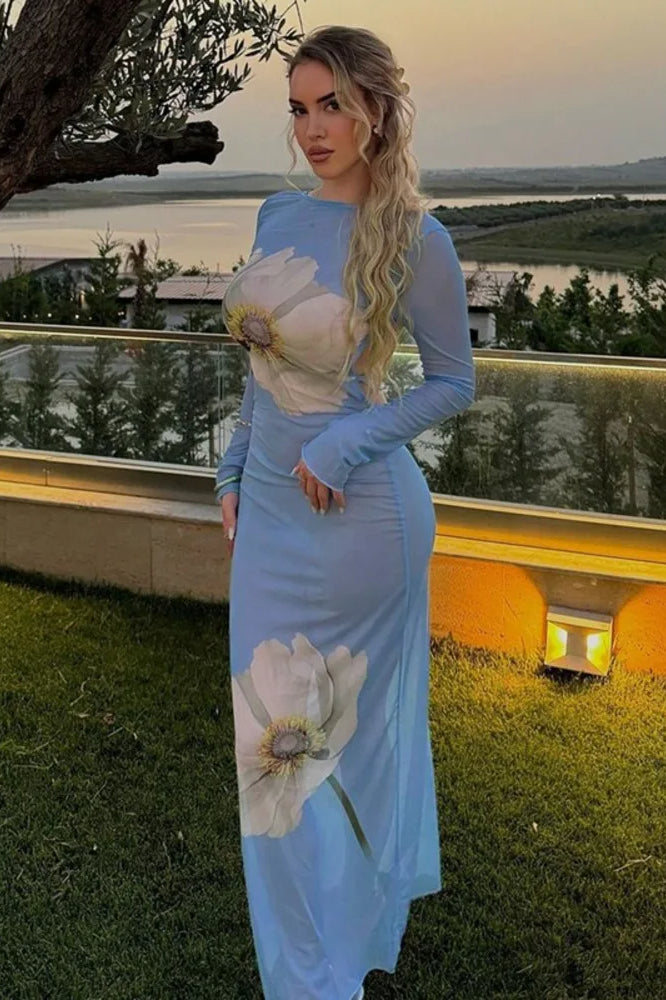 Floral Print Mesh High Neck Long Sleeve Sheer Bodycon Maxi Dress