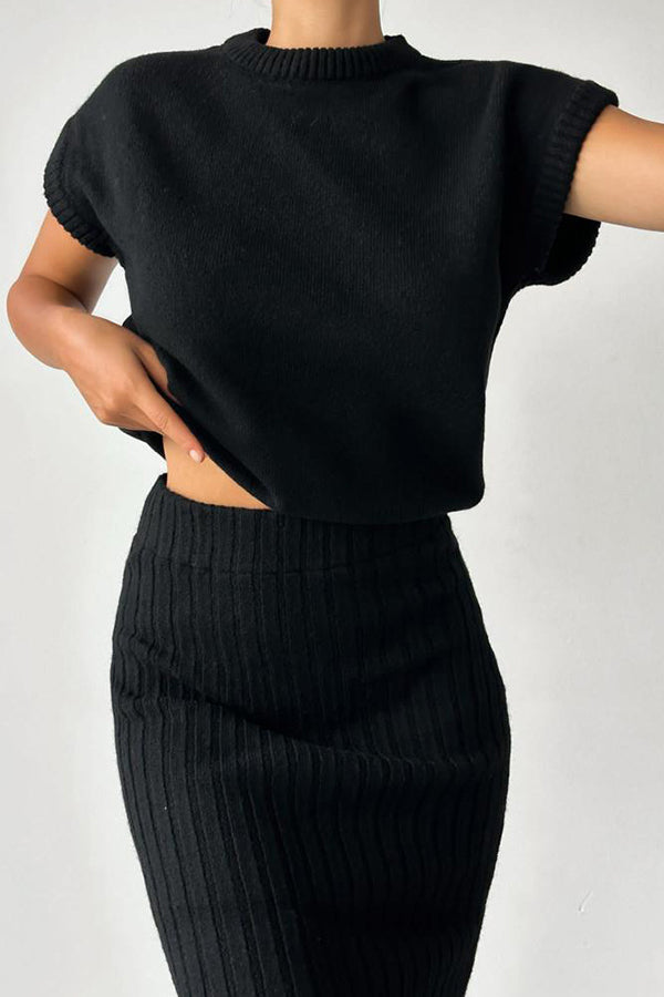 Triko Knit Short Sleeve Sweater with Ribbed Midi Skirt Set