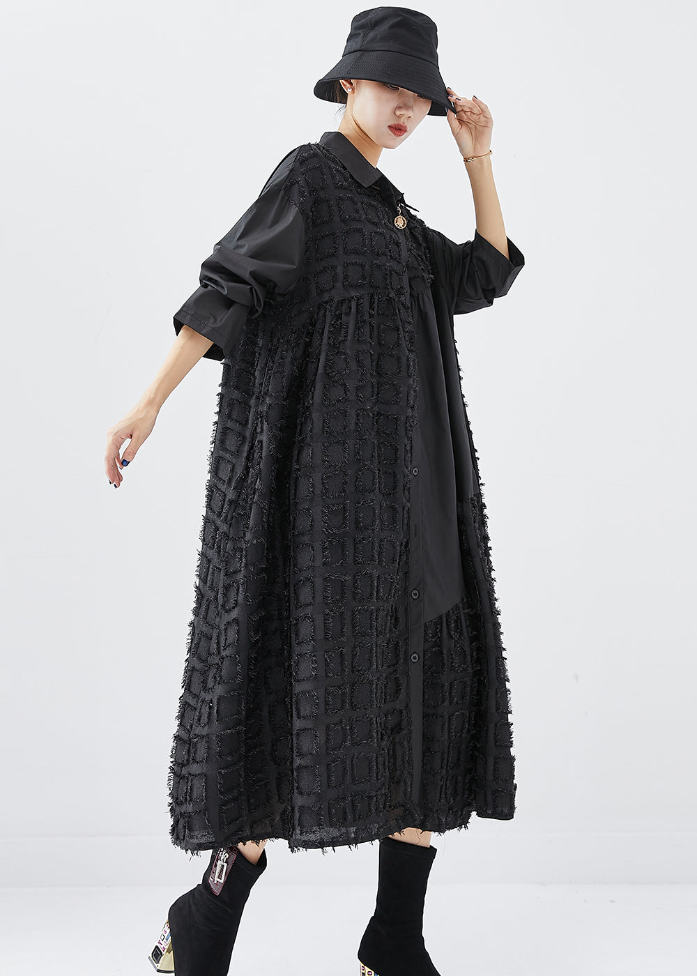 Oversized Button Front Collar Textured Grid Patchwork Midi Shirt Dress - View 3