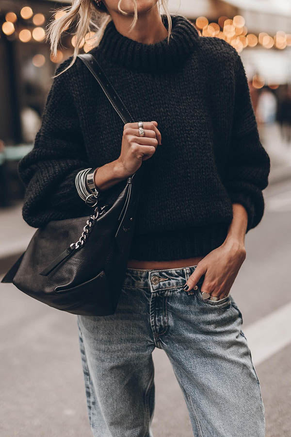 Emilia Knit Pullover Sweater with Thick Collar and Long Sleeves