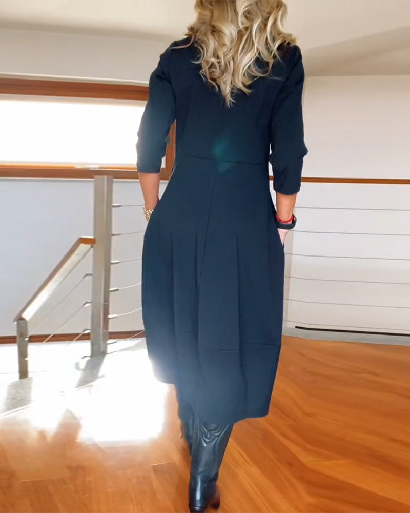 Round Neck Quarter Sleeve Zip Front Sheer Hem Midi Dress 5