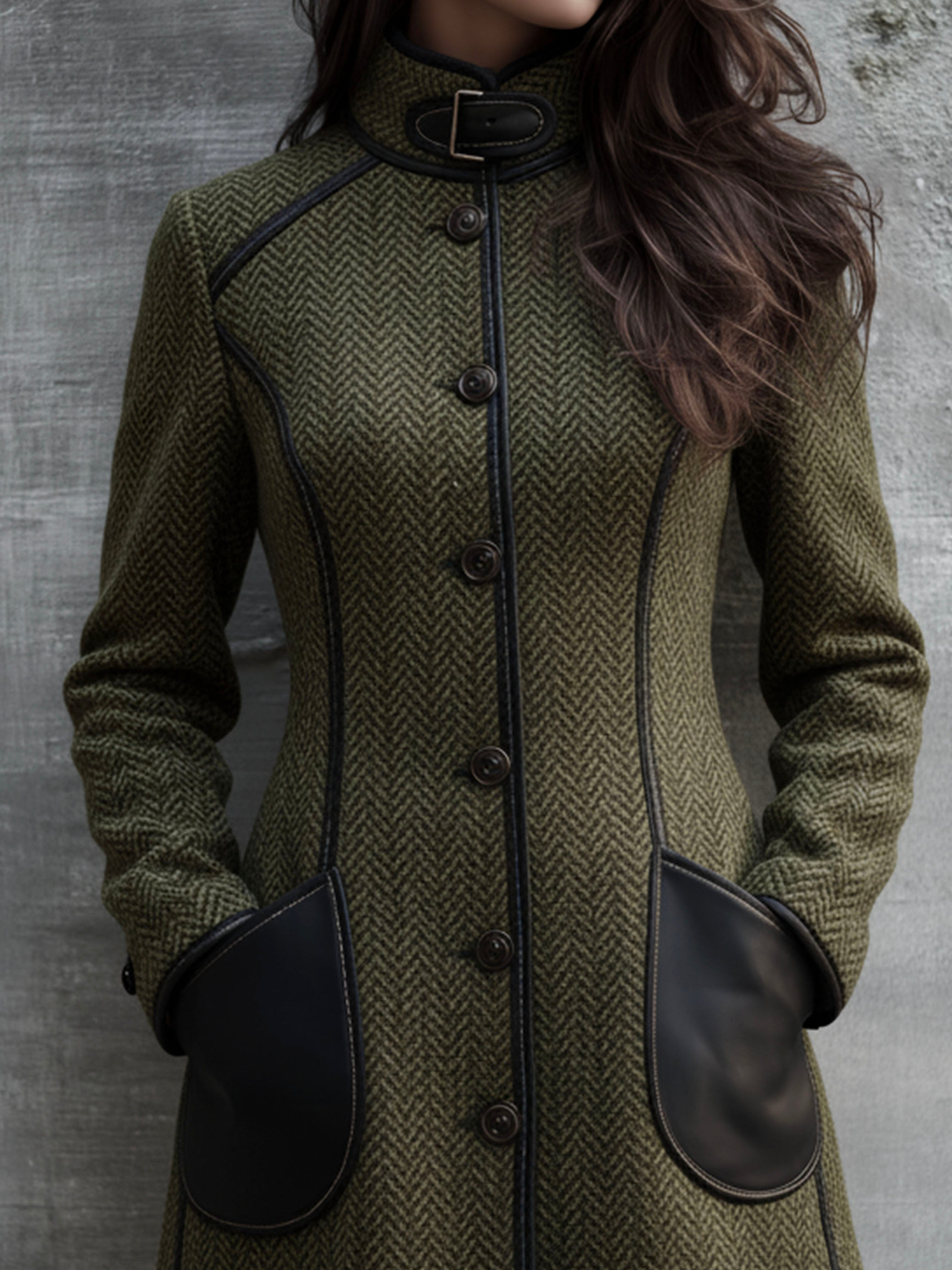 Olive Green High Neck Herringbone Buckle Coat With Contrast Leather Trim