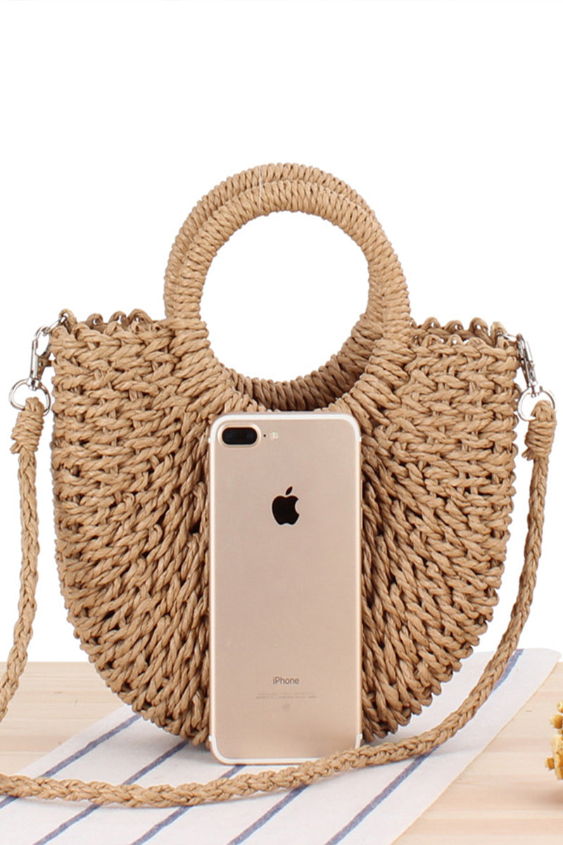 Semicircle Top-Handle Woven Straw Beach Handbag - Fashionpara