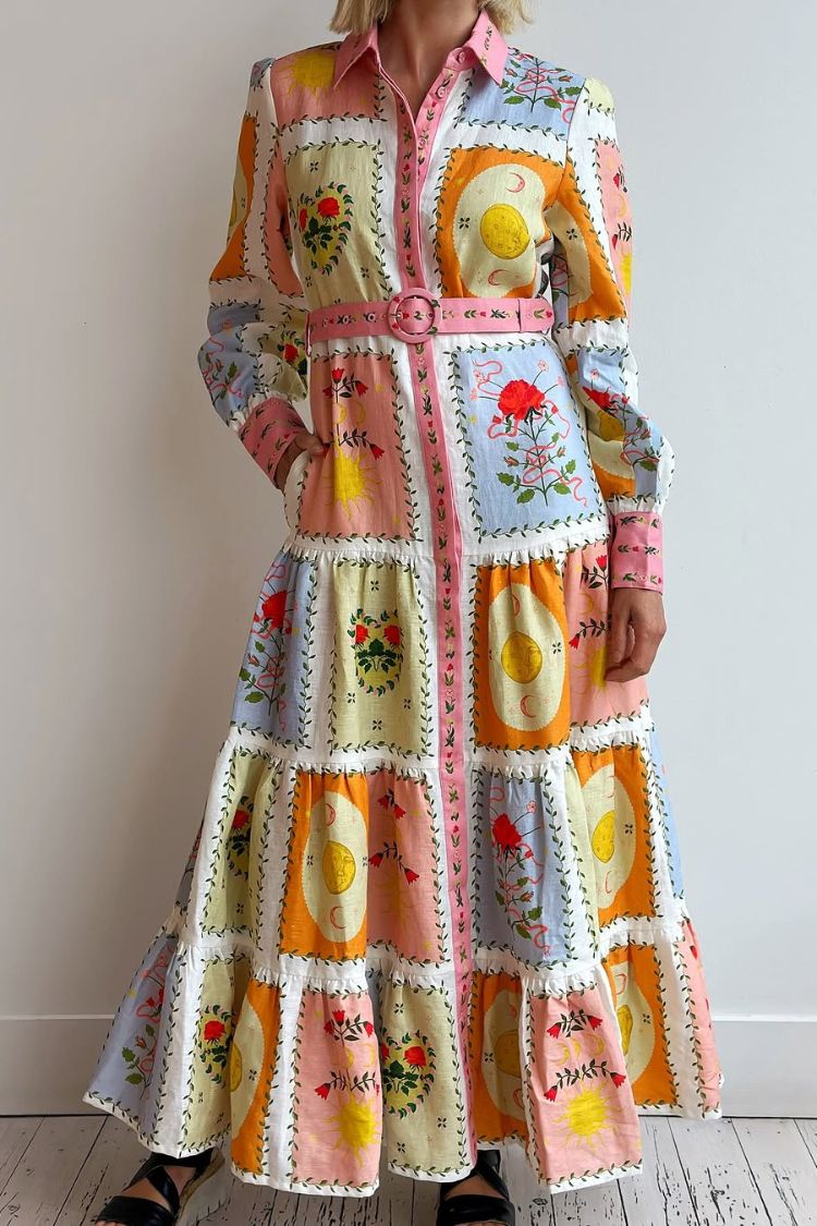 Lily Song Linen Blend Unique Print Short Sleeve Tie-up Shirt Maxi Dress - Fashionpara