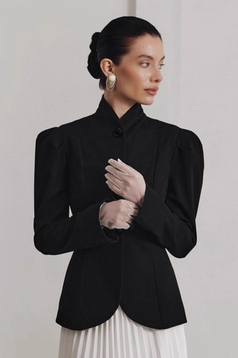 Black Puff Sleeve Blazer Coat - Fashionpara