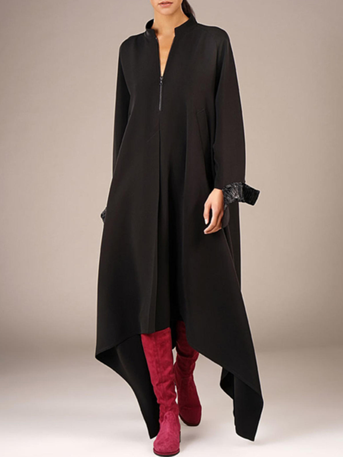 Zip Front Mock Neck Long Sleeve Contrast Cuff Midi Dress