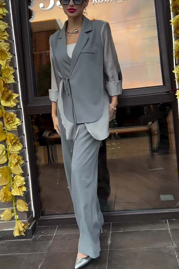 Chic and Elegant Chiffon Patchwork Irregular Lace-up Jacket and Pocketed Straight-leg Pants Set