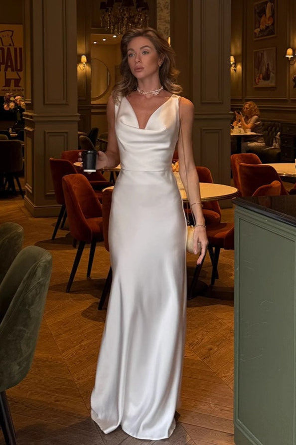 Solid Satin Cowl-Neck Luxury Party Dress