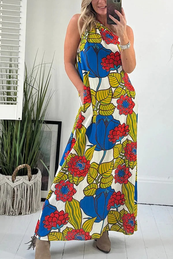 Floral Unique Printed One Shoulder Pocketed Loose Maxi Dress - Fashionpara