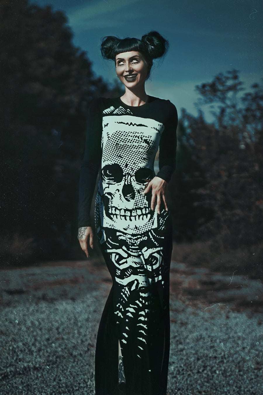 Oversized Skull Print Long Sleeve Slit Maxi Dress