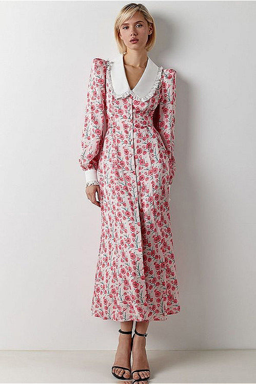 Floral Print Collared Long Sleeve Maxi Dress 9