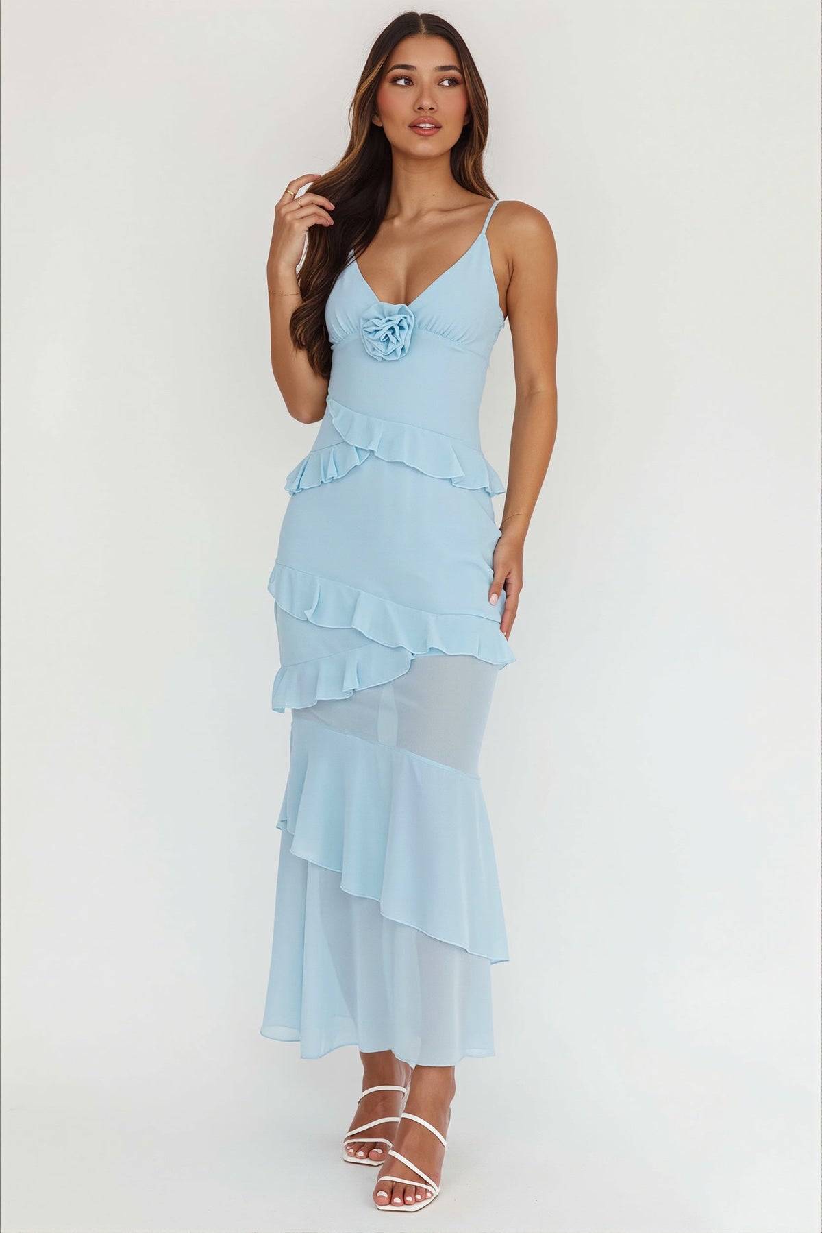 Chiffon V-Neck Rosette Ruffle Tiered Maxi Dress