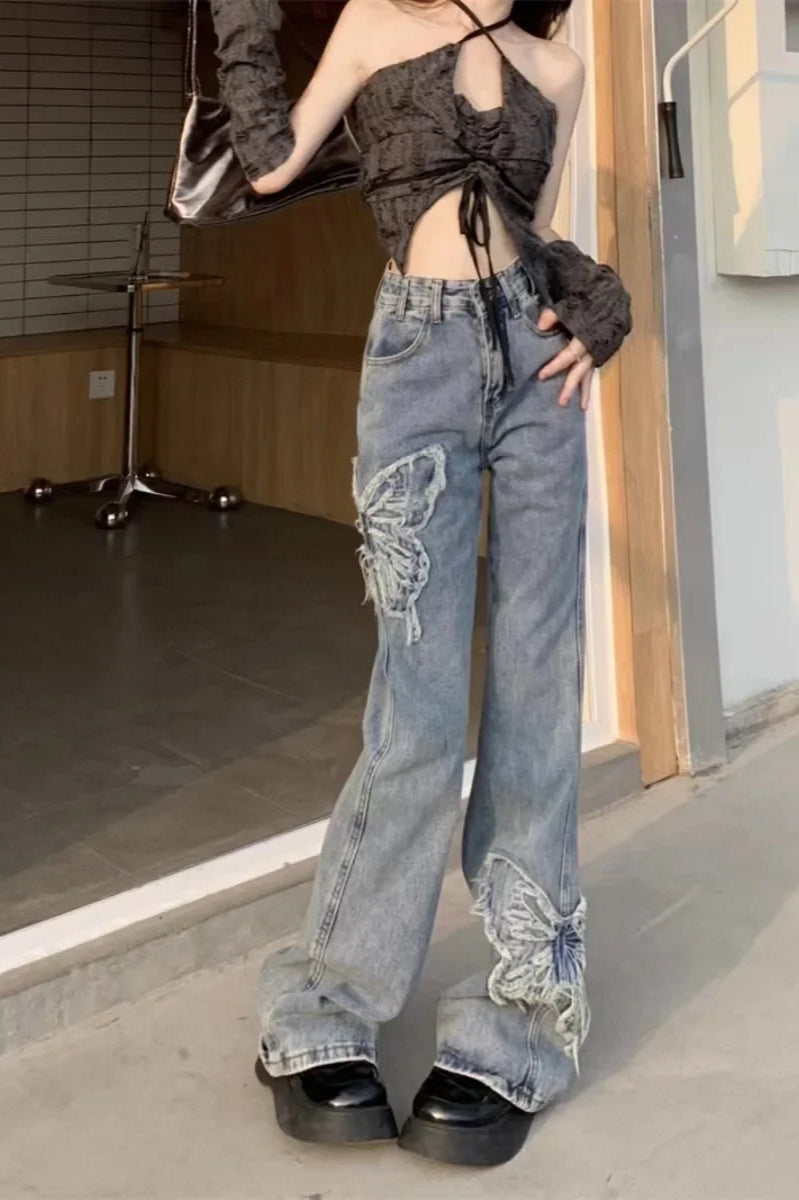 Washed Butterfly Embroidered Flared Jeans