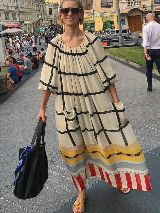 Casual Round Neck 3/4 Sleeve Loose Plaid Maxi Dress  Fashionpara