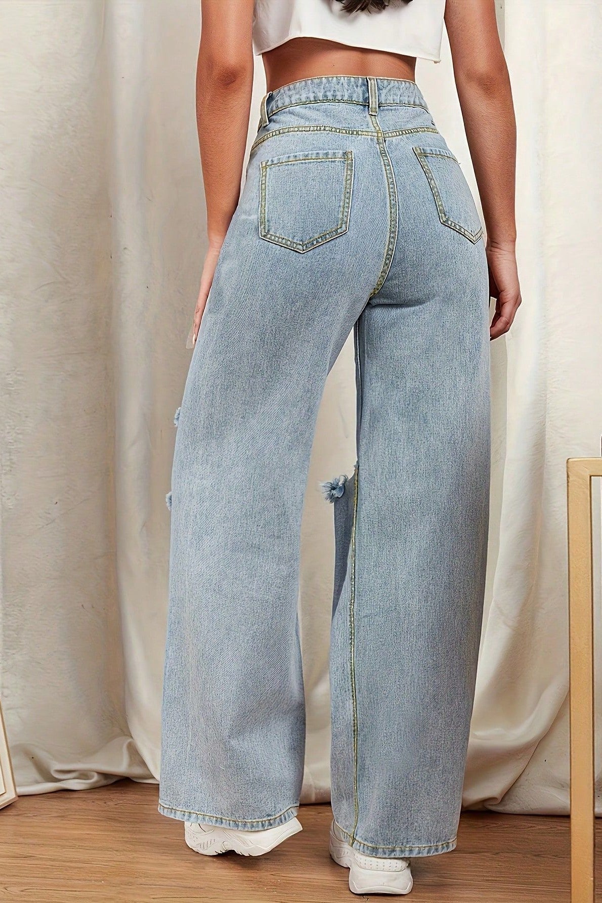 High Waist Washed Floor-Length Jean