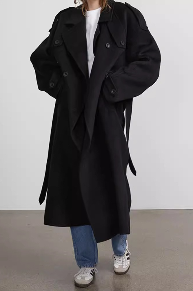 Notched Lapel Long Wool Cinch Belt Overcoat - Fashionpara