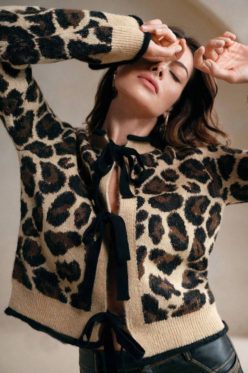 Leopard Print Tie-Front Knit Sweater for Effortless Style
