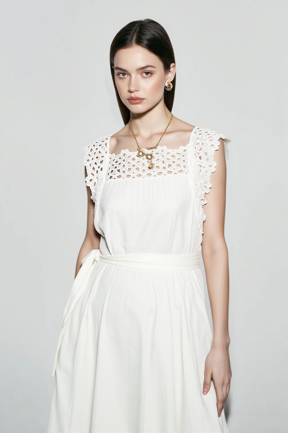 Eyelet Square Neck Belted Scalloped Midi Dress 3