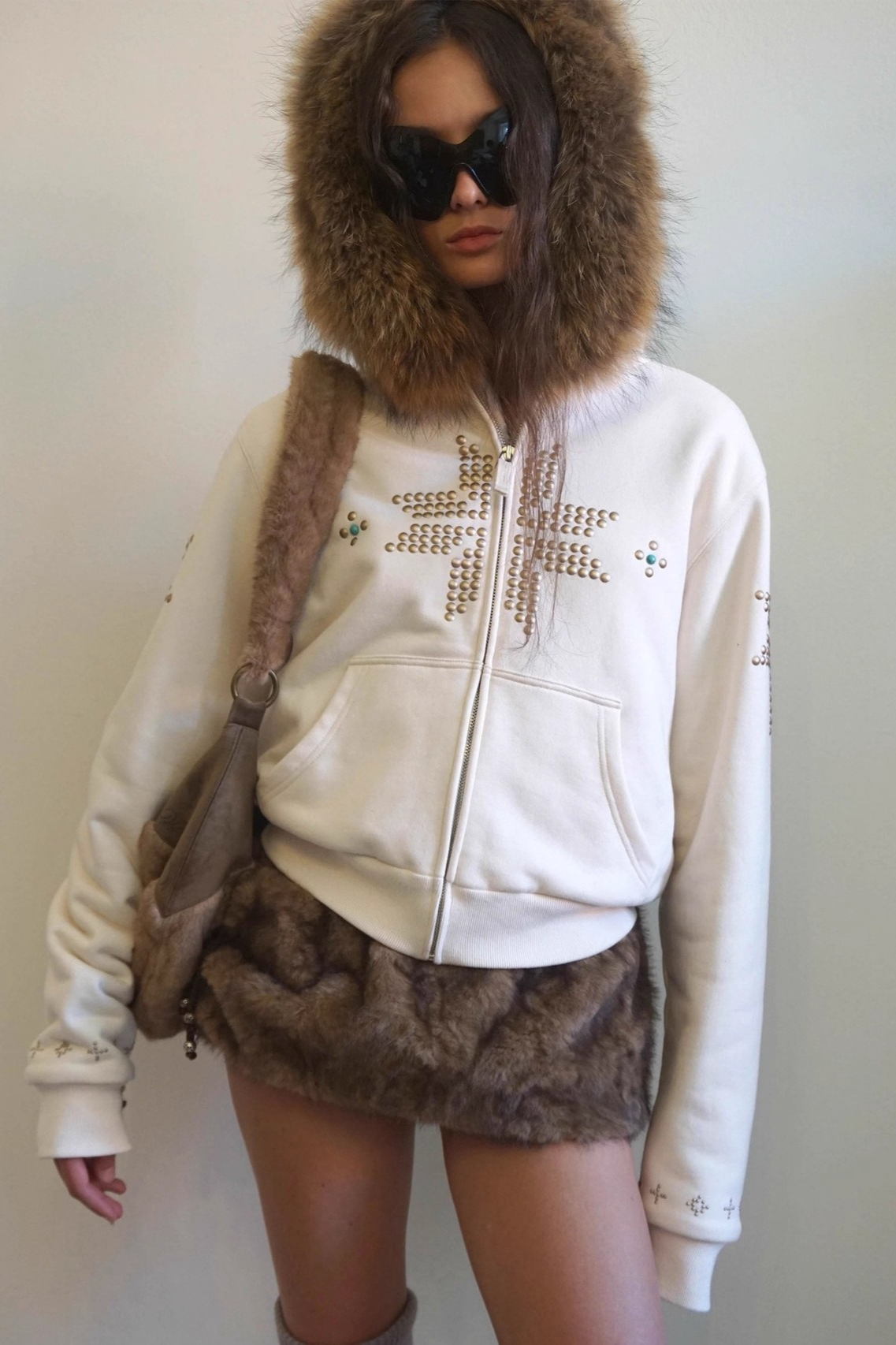 Glam Rhinestone Faux Fur Collar Zip Waist Cinch Hoodie