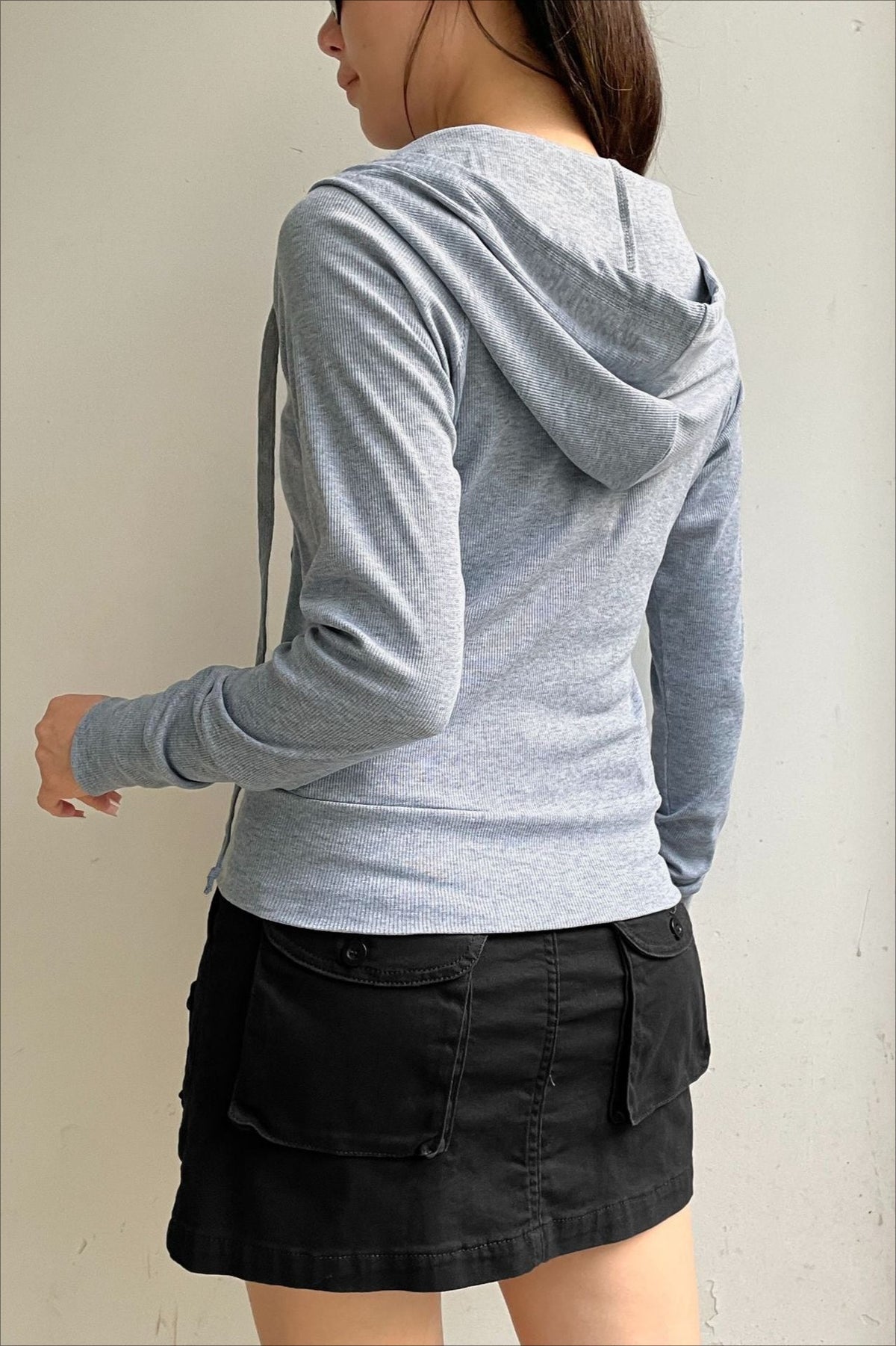 Gray Hooded Zip-Up Cropped Hoodie 6