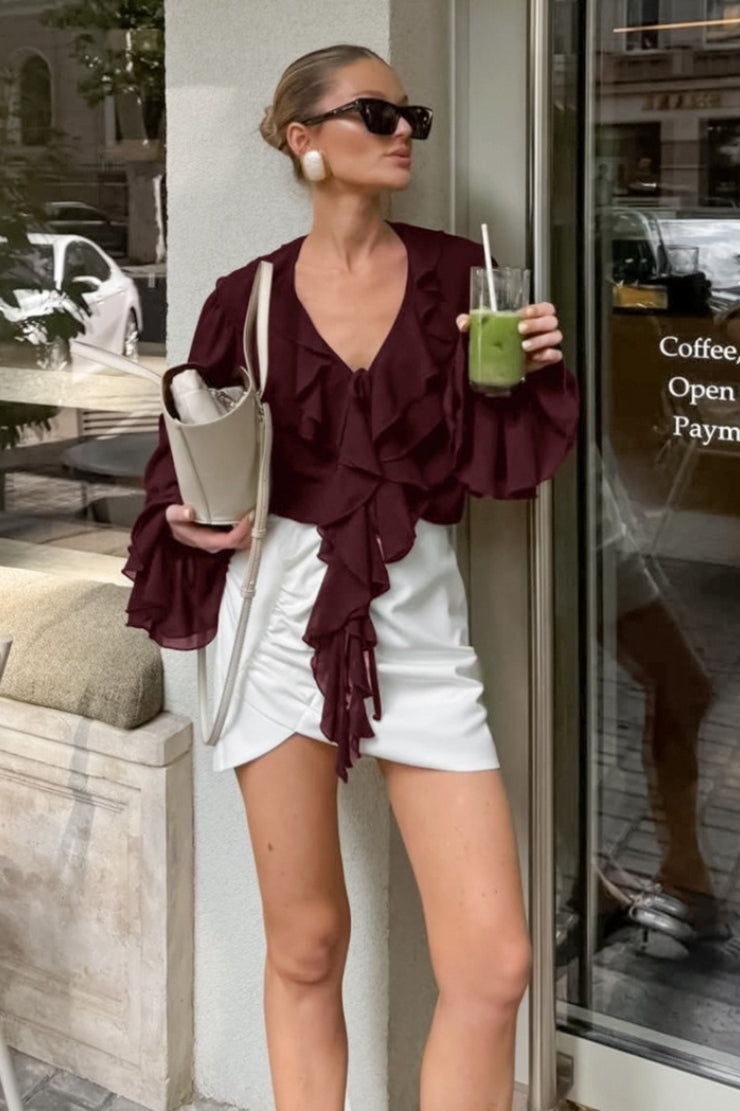 Ruffled V-Neck Tie Long Sleeve Blouse - Fashionpara