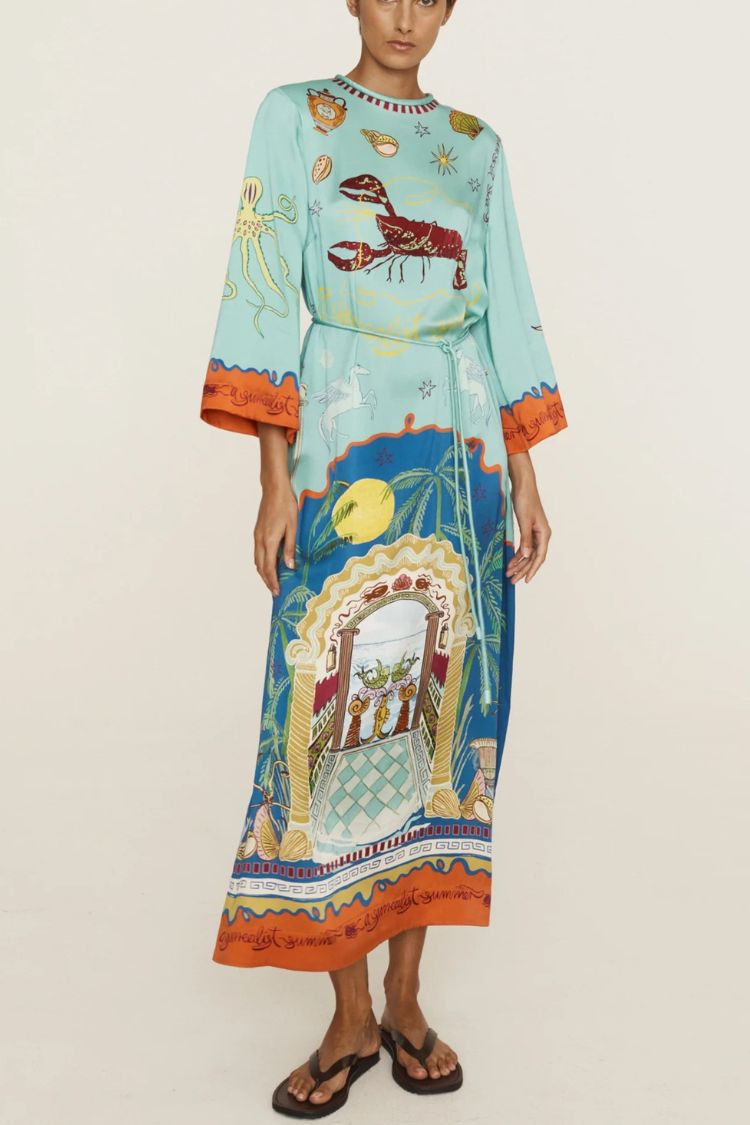 Satin Unique Print Long-sleeve Tie-waist Slit Maxi Dress - Fashionpara