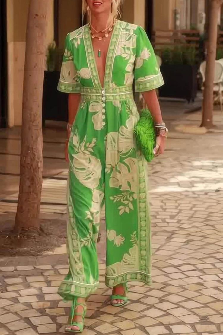 Fresh Holiday Floral Print V-Neck Short Sleeve Jumpsuit - Fashionpara