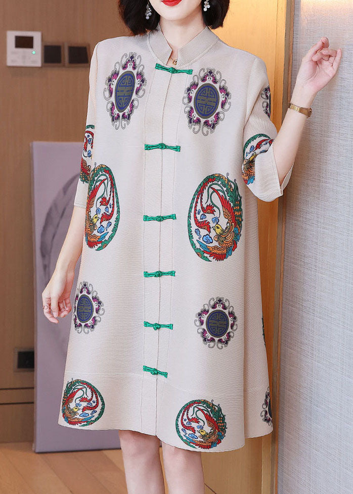 Pleated Mandarin Collar Frog Closure Phoenix A-Line Midi Dress