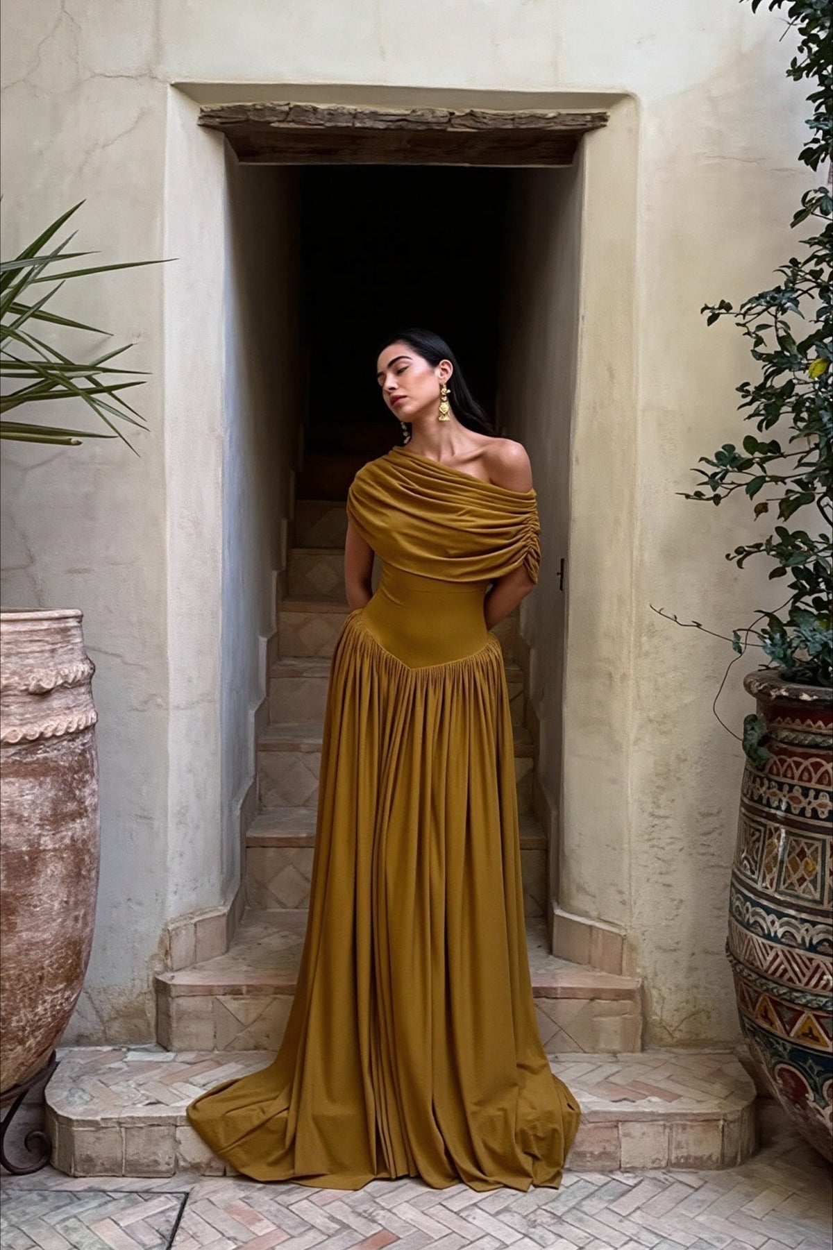 Jersey Off-Shoulder Draped Cowl Ruched Maxi Gown