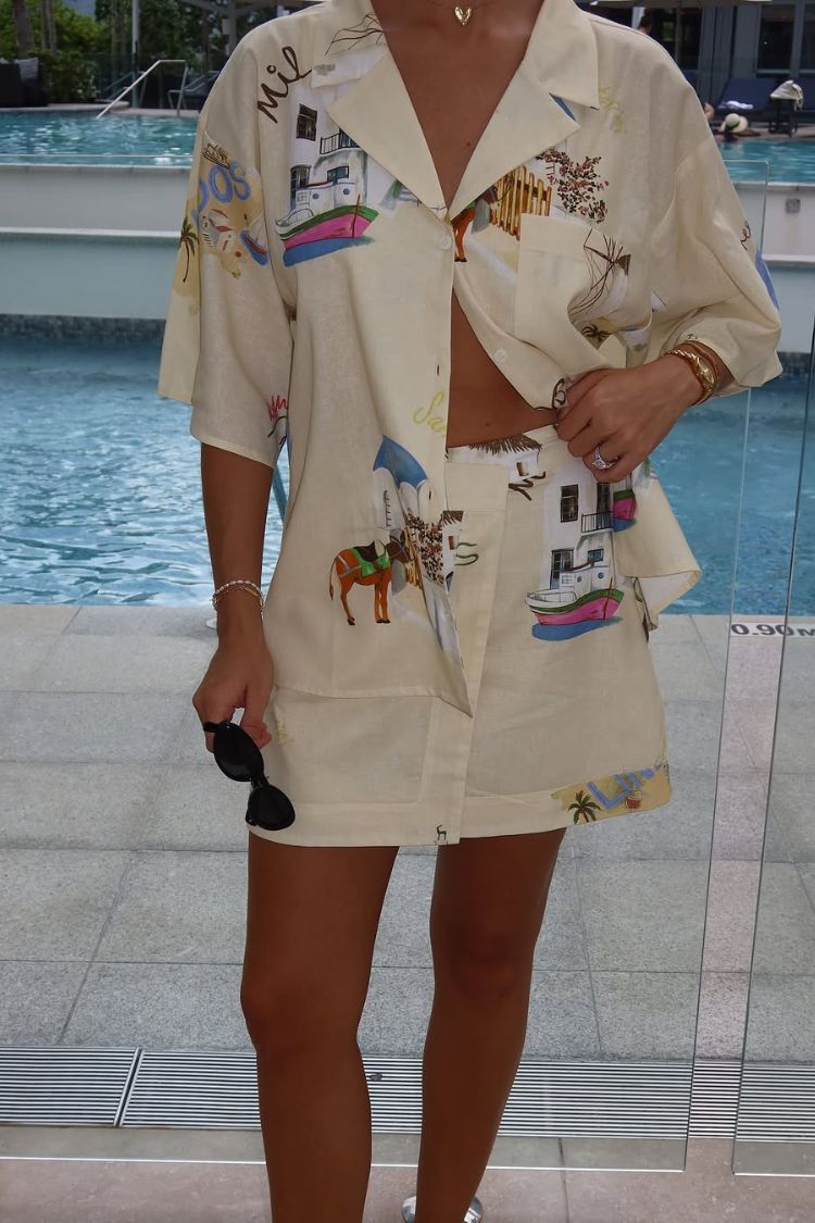 Kea Linen Blend Unique Print Short Sleeve Shirt and High Rise Wrap Panel Miniskirt Set - Fashionpara