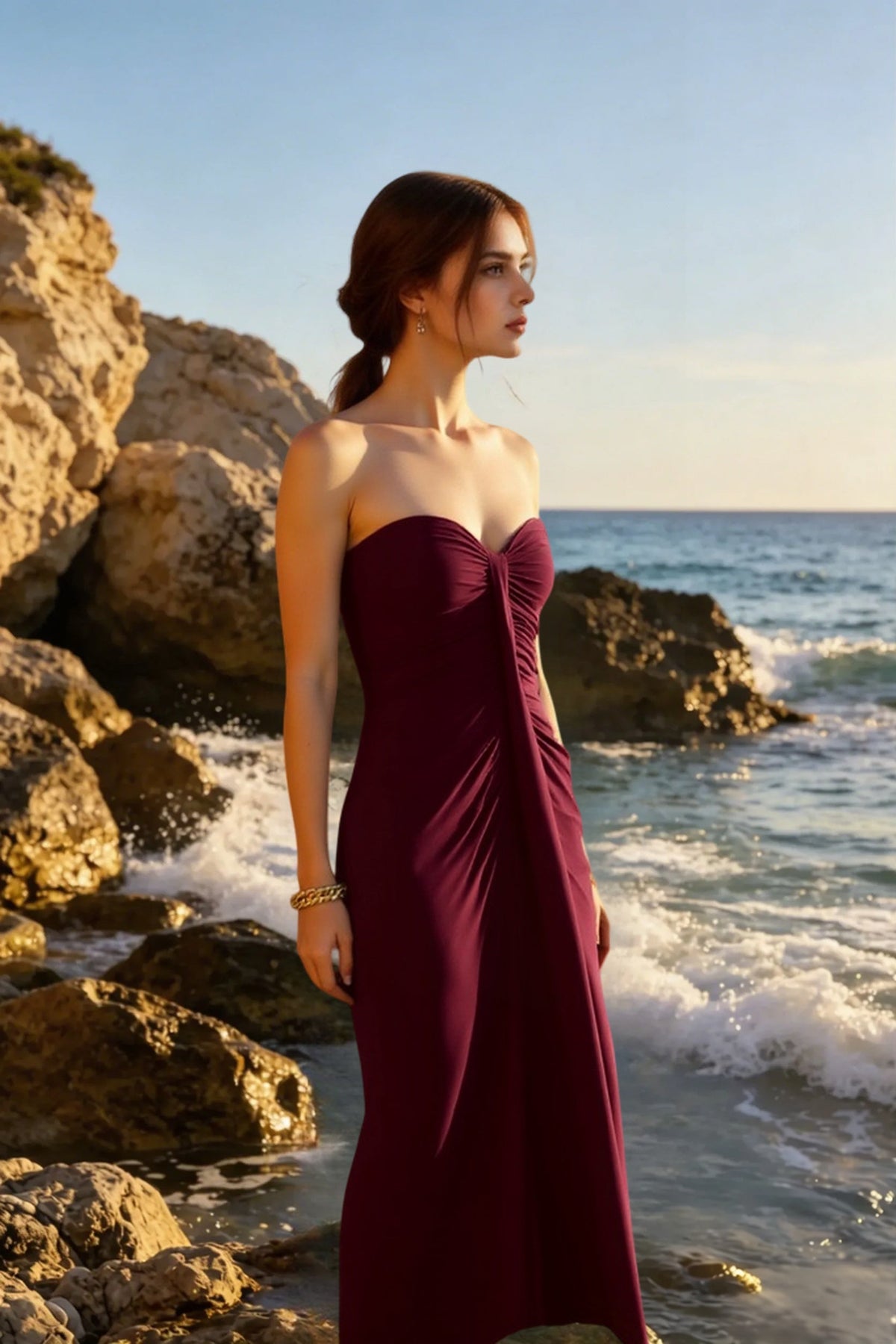 Strapless Sweetheart Twist-Front Ruched Maxi Dress