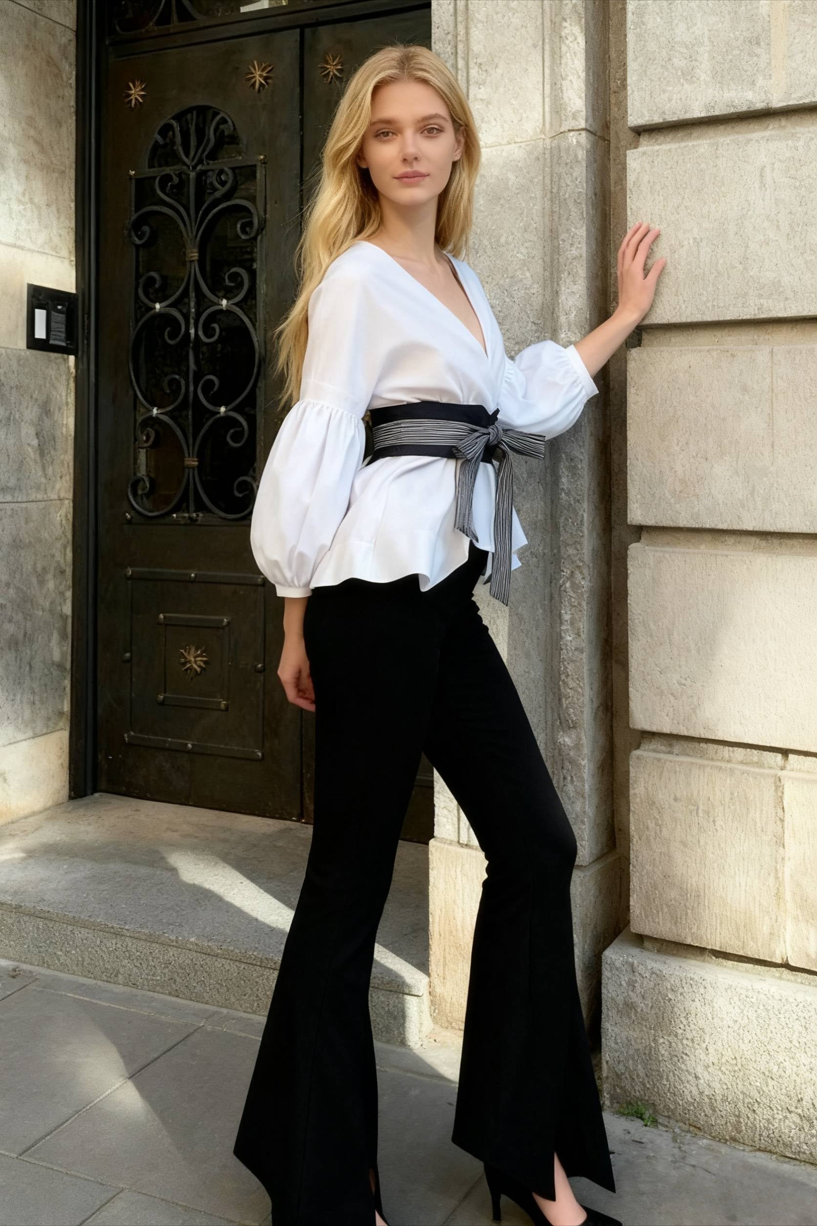 Spring Women's Bow Pants Lantern Flare Black + Striped Split Warm-Season Blouse Arm Arm Set - Fashionpara