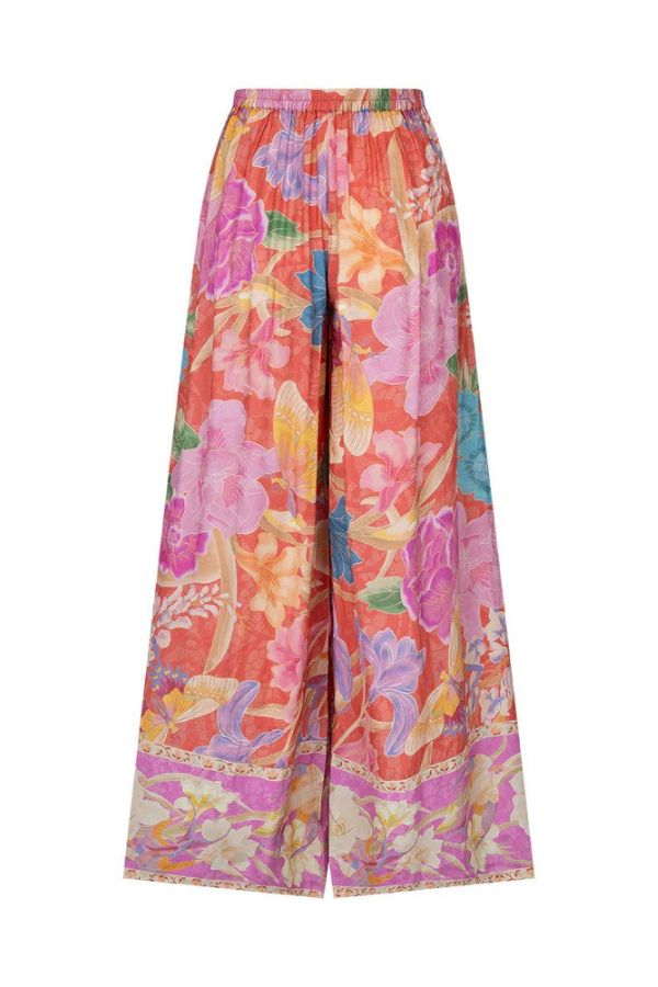 Painter's Garden Boho Floral Print Elastic Waist Pocketed Wide Leg Pants - Fashionpara