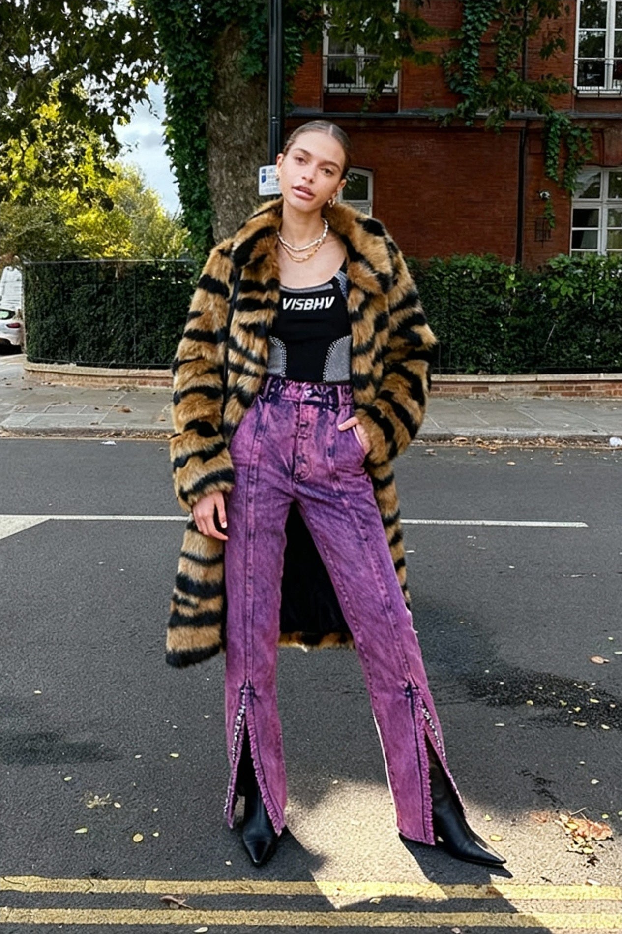 Faux Fur Tiger Striped Loose Overcoat - Fashionpara