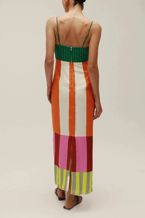 Beach Moment Linen Blend Unique Color Block Slip Maxi Dress - Fashionpara