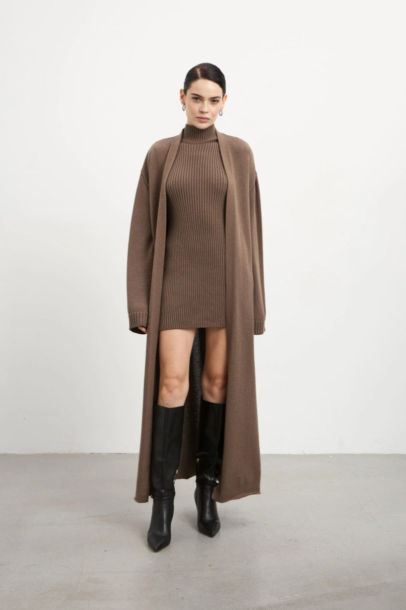 Fitted Knit Tank Dress and Long Cardigan Two-Piece Set