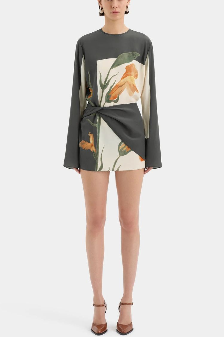 Constance Floral Print Twist Waist Long Sleeve Lightweight Mini Dress - Fashionpara