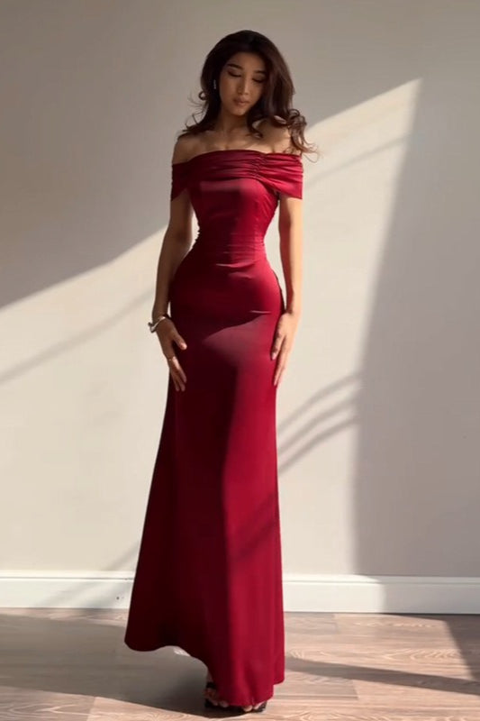 Satin Off Shoulder Ruched Mermaid Formal Gown - View 3