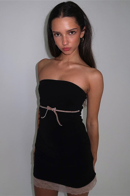 Strapless Bow Front Lace Trim Hem Mini Dress